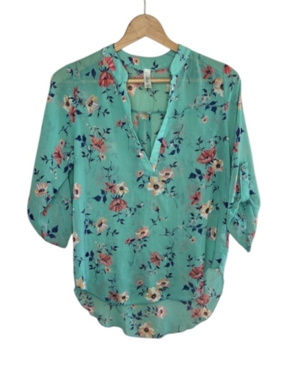 Lovely Day Mint Green Floral Semi-Sheer 3/4 Sleeve Blouse Size Small